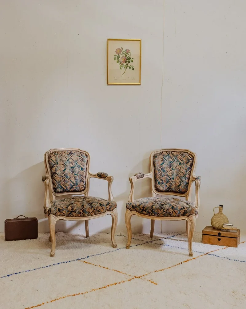 Ernest, la paire de fauteuils en bois et tissu à motifs N°749