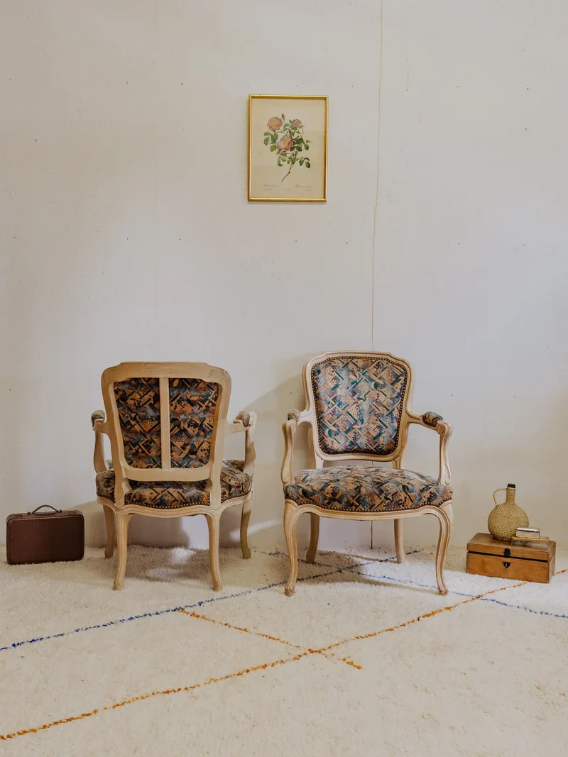 Ernest, la paire de fauteuils en bois et tissu à motifs N°749