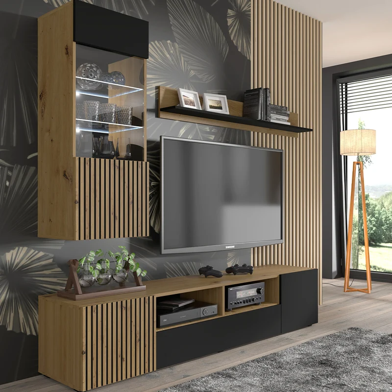 Meuble TV 3 portes 200 cm Nera Bois et Noir