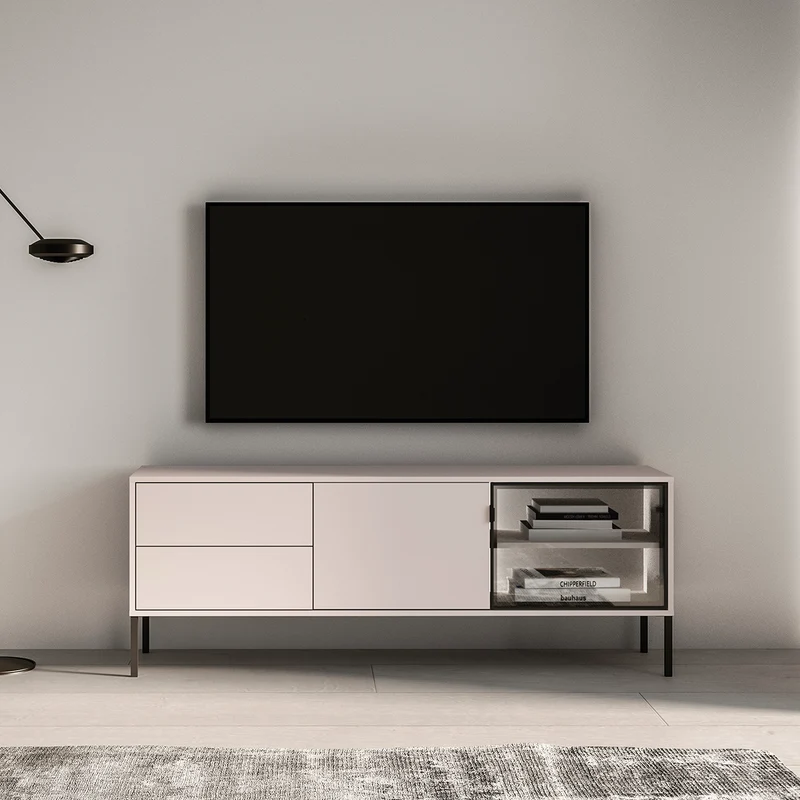 Meuble TV 2 portes 2 tiroirs 160 cm LED inclus Paige Cachemire et Noir