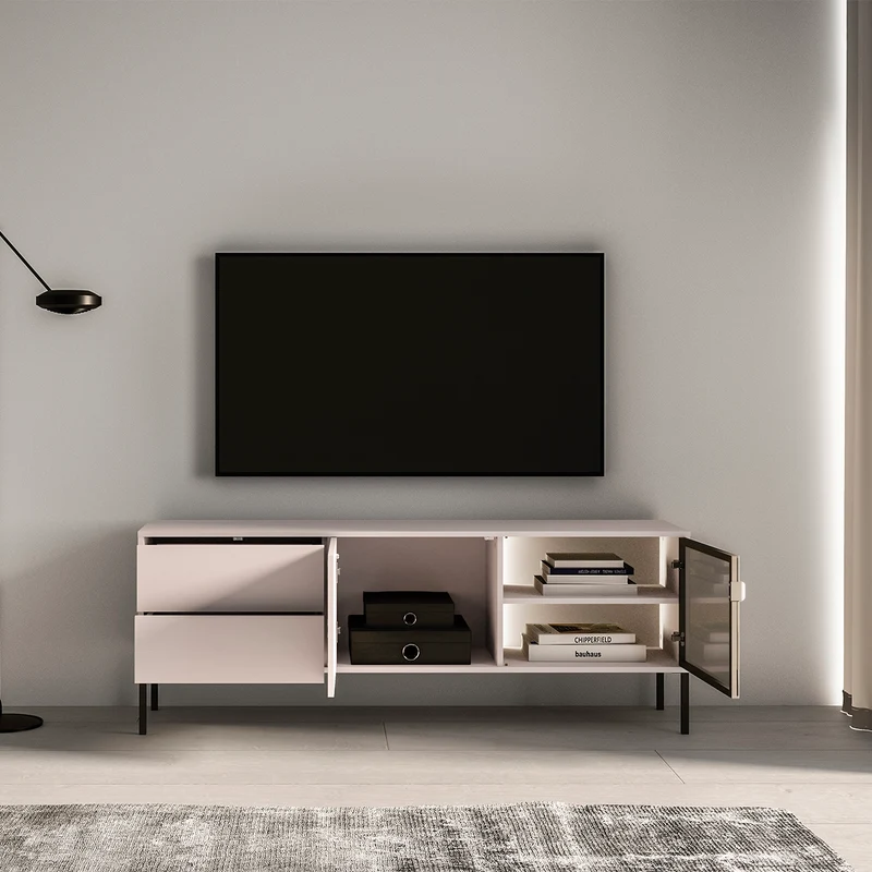 Meuble TV 2 portes 2 tiroirs 160 cm LED inclus Paige Cachemire et Noir