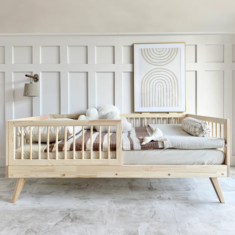 Lit 90x190 barrière haute et sommier inclus pieds 20 cm Maylis Bois