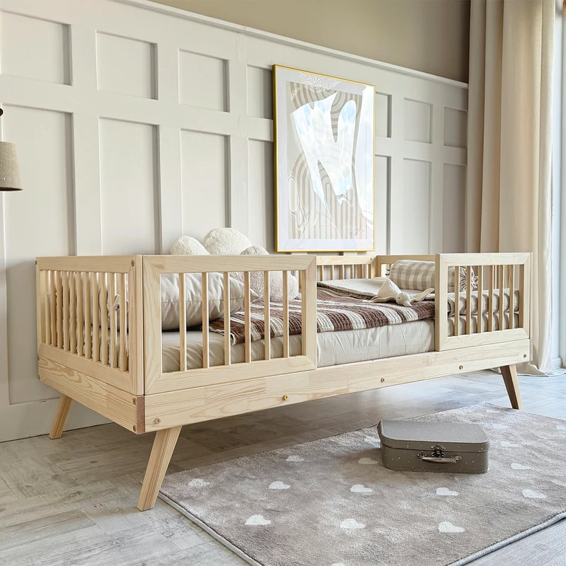Lit 90x190 barrières hautes et sommier inclus pieds 20 cm Maylis Bois