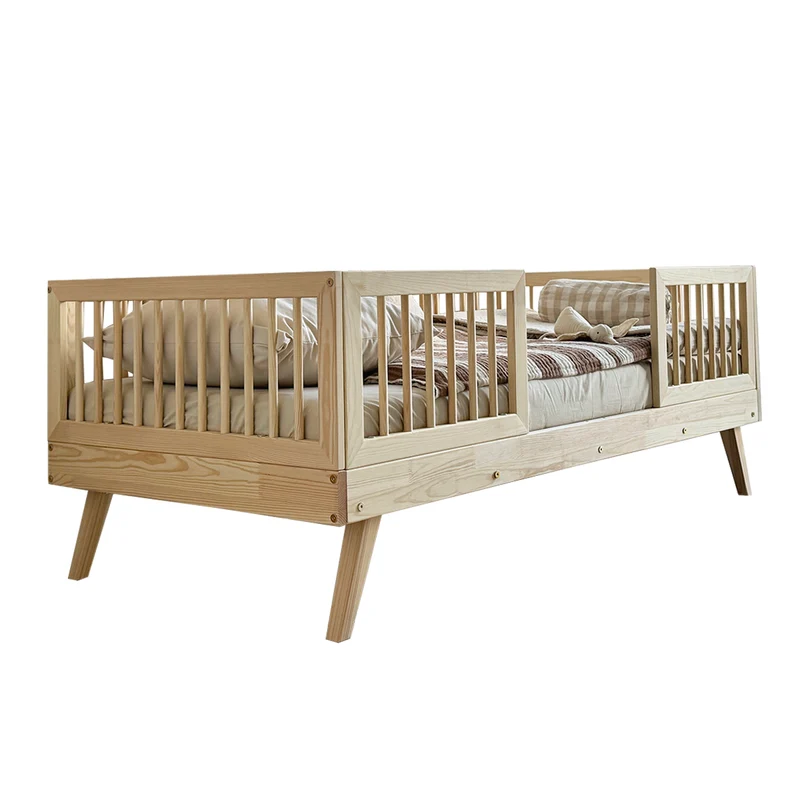 Lit 90x200 barrières hautes et sommier inclus pieds 20 cm Maylis Bois