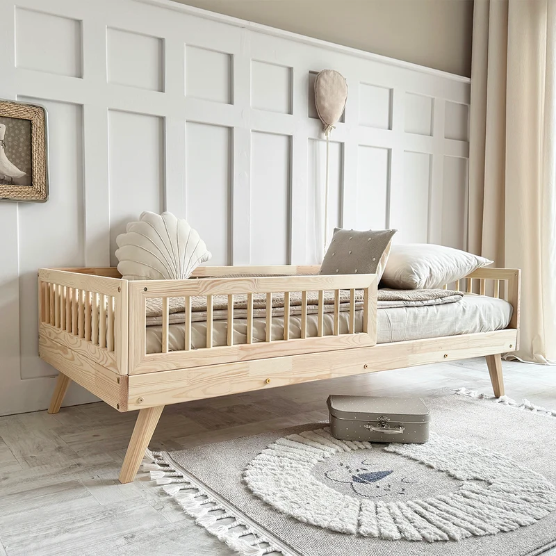 Lit 90x190 barrière et sommier inclus pieds 20 cm Maylis Bois