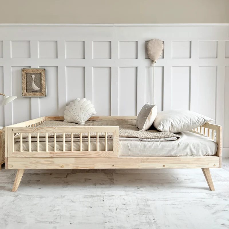 Lit 90x190 barrière et sommier inclus pieds 20 cm Maylis Bois