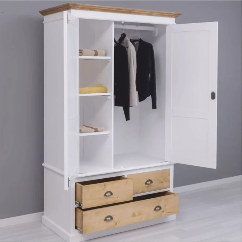 Casa Padrino Landhausstil Kleiderschrank Weiß / Naturfarben 121 x H. 197 cm - Schlafzimmer Möbel