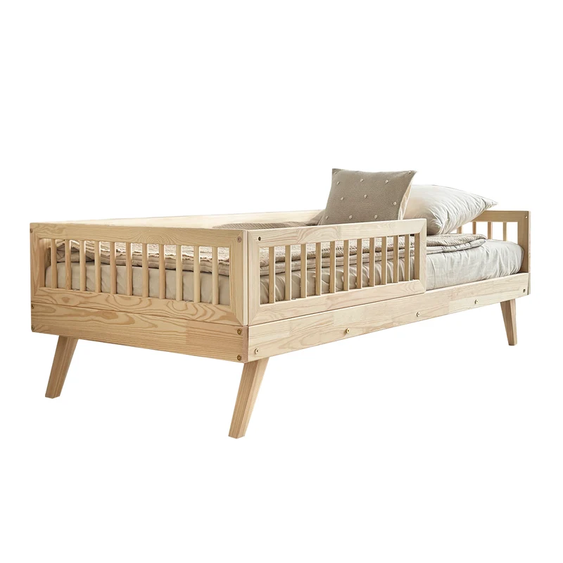 Lit 90x200 barrière et sommier inclus pieds 20 cm Maylis Bois