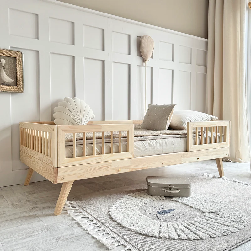 Lit 90x190 barrières et sommier inclus pieds 20 cm Maylis Bois
