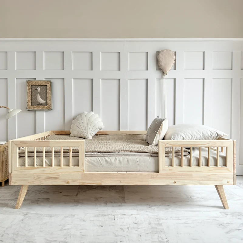 Lit 90x200 barrières et sommier inclus pieds 20 cm Maylis Bois