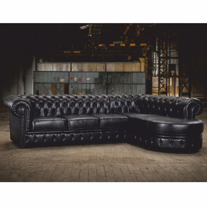 Casa Padrino Luxus Chesterfield Leder Ecksofa Vintage Schwarz 293 cm - Chesterfield Möbel