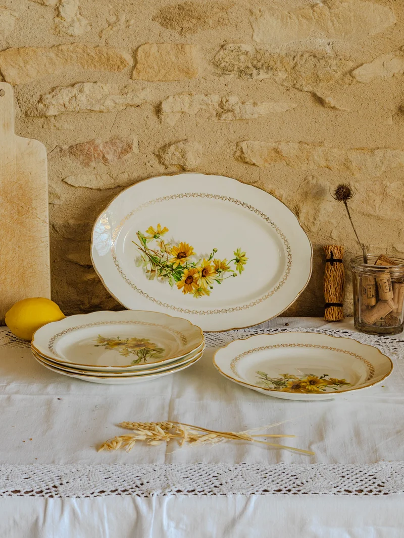 Nestor, le lot de 4 assiettes creuses et 1 plat en faïence N°593