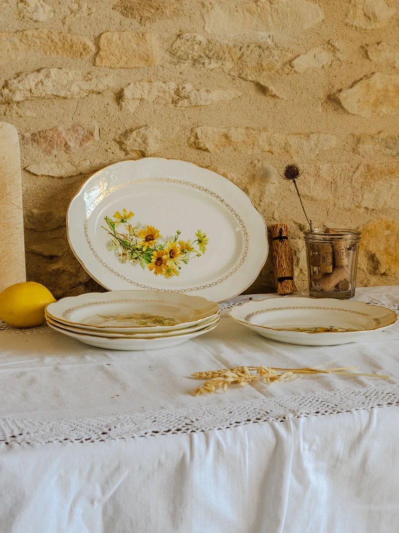 Nestor, le lot de 4 assiettes creuses et 1 plat en faïence N°593