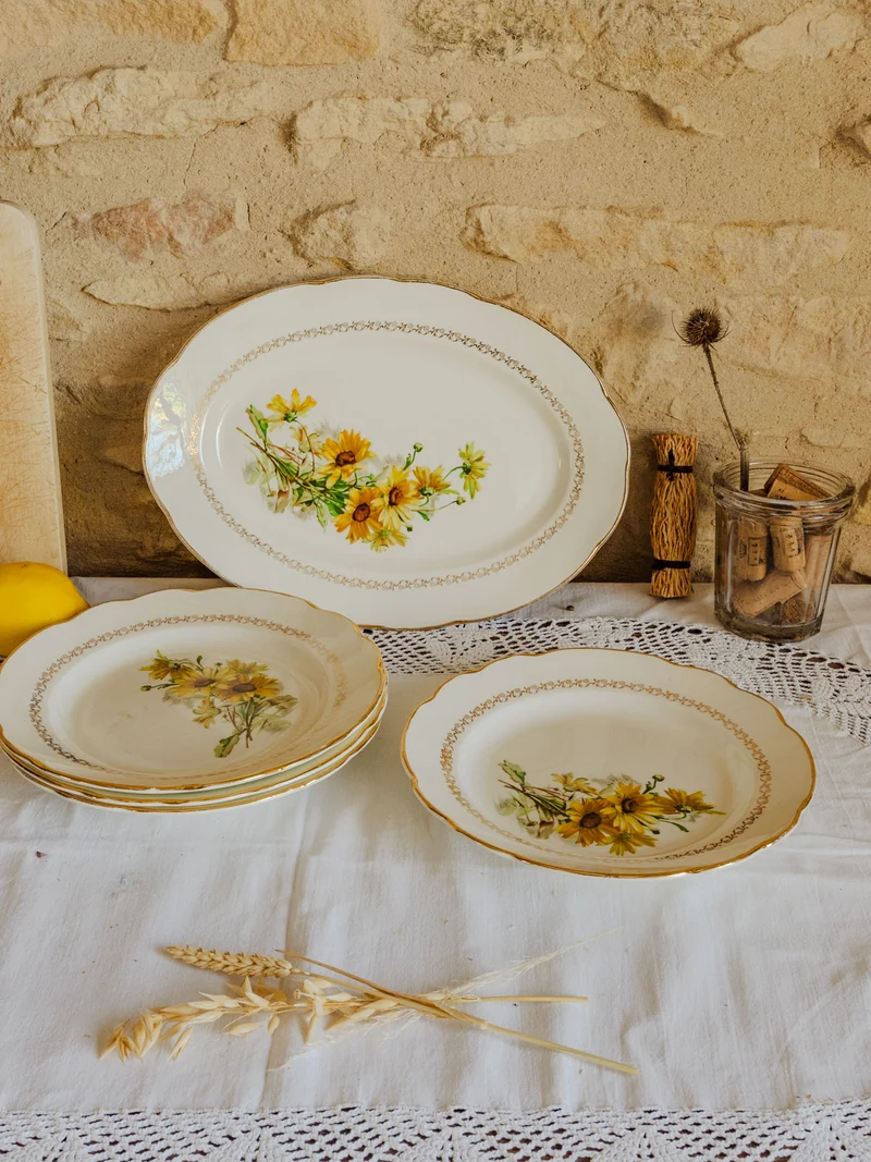 Nestor, le lot de 4 assiettes creuses et 1 plat en faïence N°593