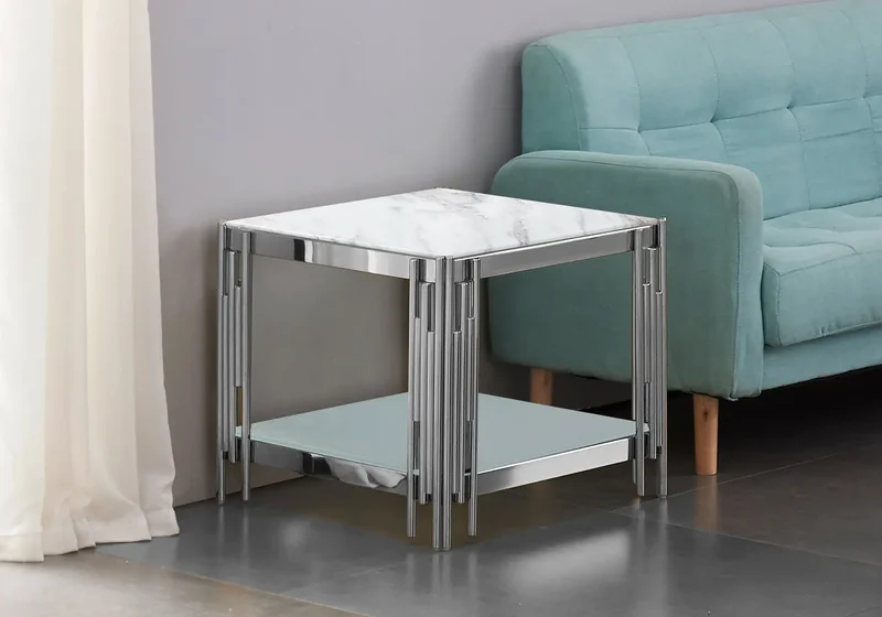 Bout de canapé argenté marbre blanc - Eve