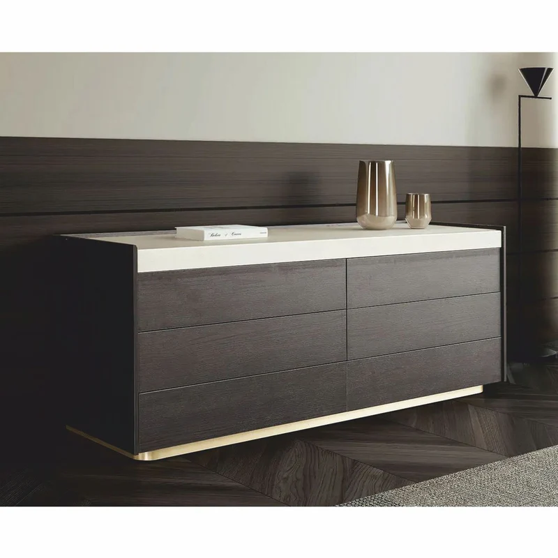 Casa Padrino Luxus Kommode Dunkelbraun / Creme / Messing 150 cm - Schlafzimmer Möbel
