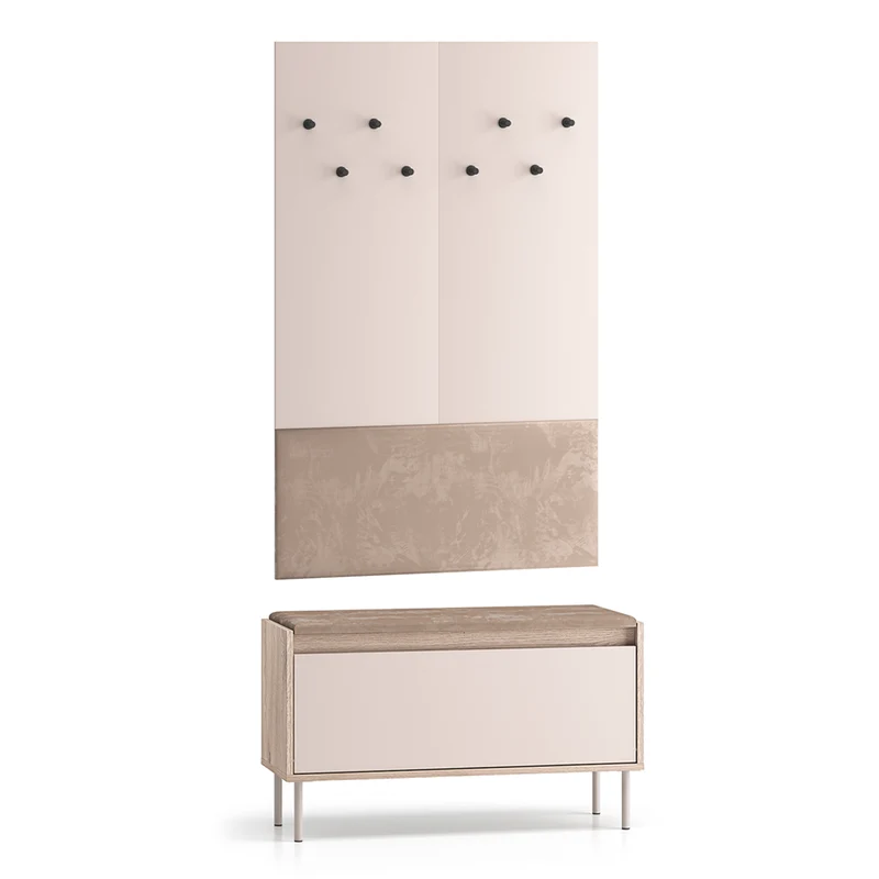 Meuble entrée porte-manteau et banc à chaussures long 1 porte Alos Cachemire et Bois