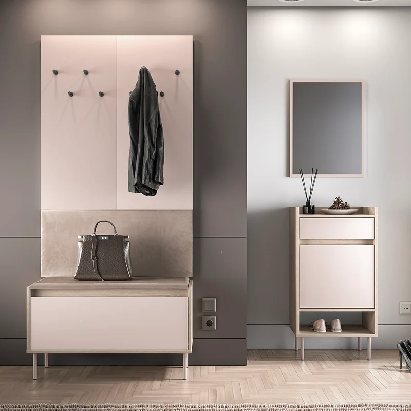 Meuble entrée porte-manteau et banc à chaussures long 1 porte Alos Cachemire et Bois