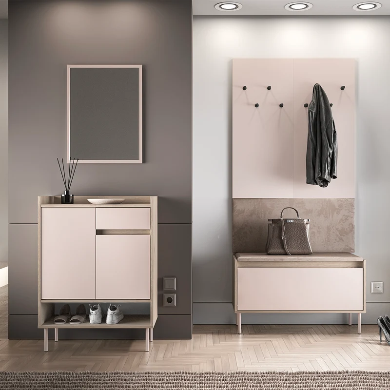 Meuble entrée porte-manteau et banc à chaussures long 1 porte Alos Cachemire et Bois
