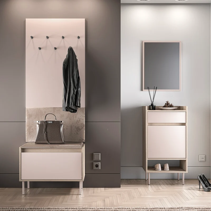 Meuble entrée porte-manteau et banc à chaussures 1 porte Alos Cachemire et Bois
