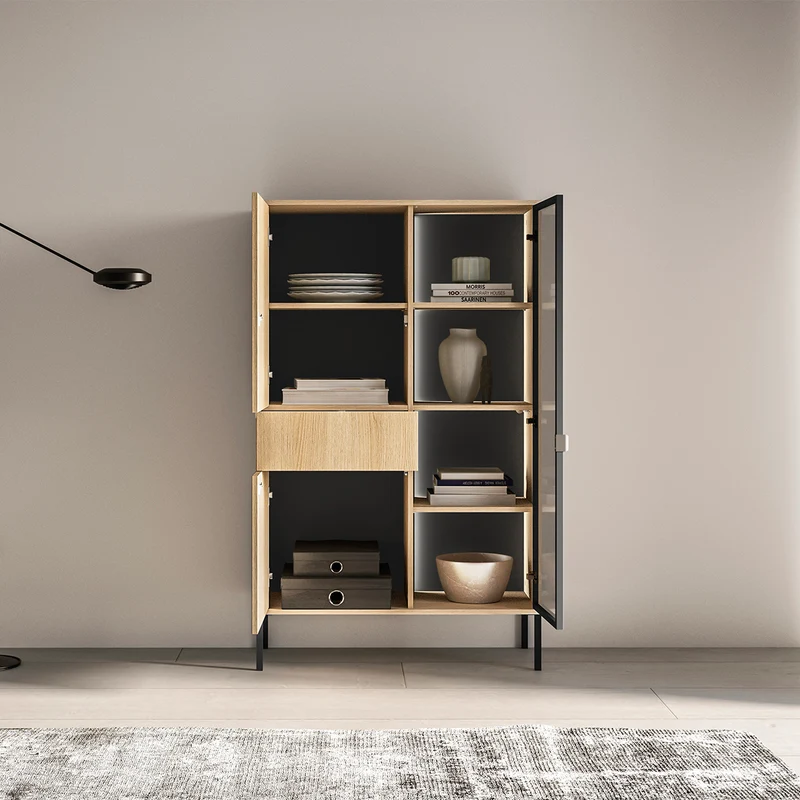 Vaisselier 3 portes 1 tiroir LED inclus Paige Bois et Noir