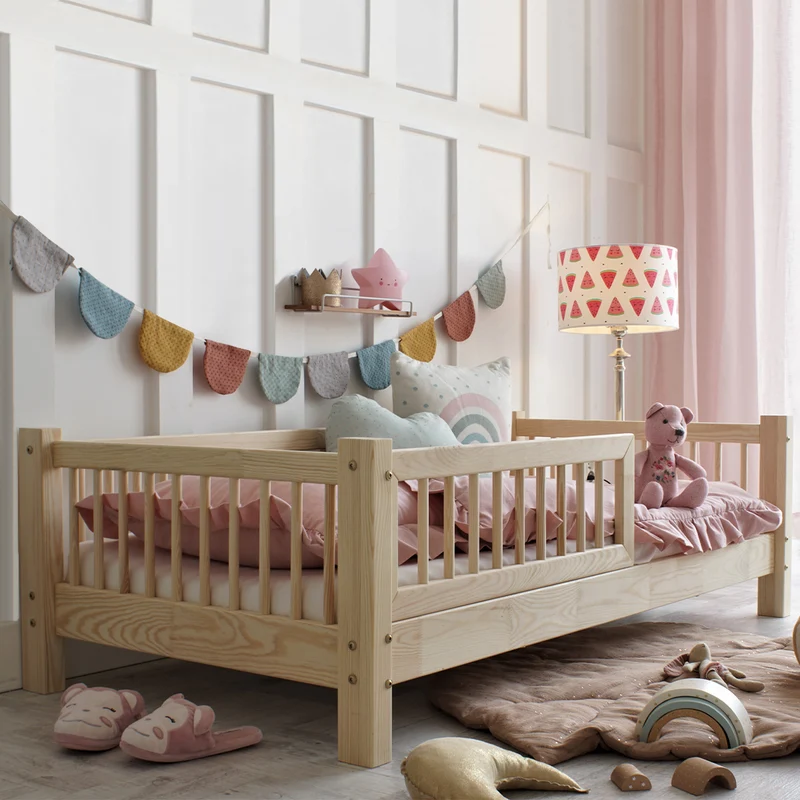 Lit 80x160 barrière et sommier inclus pieds 10 cm Adèle Bois
