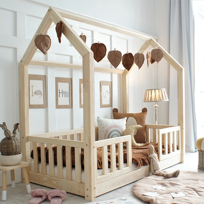 Lit cabane 80x160 barrières et sommier inclus pieds 1 cm Daisy Bois