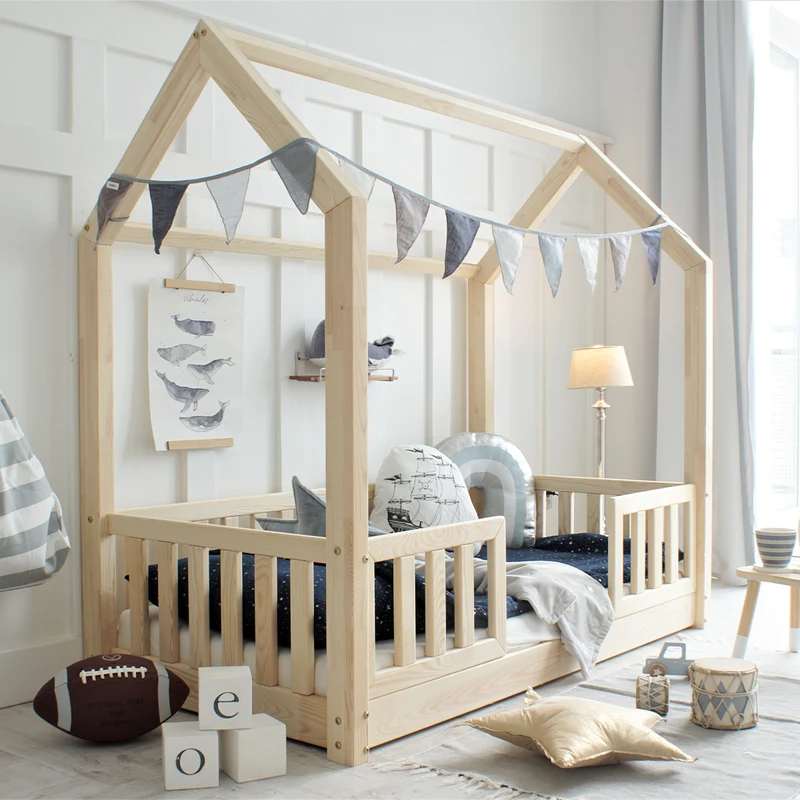 Lit cabane 80x160 barrières et sommier inclus pieds 1 cm Daisy Bois
