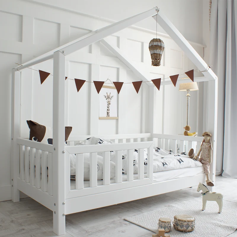 Lit cabane 80x160 barrière et sommier inclus pieds 10 cm Roxane Blanc