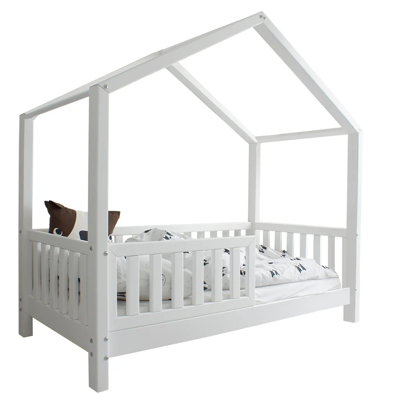 Lit cabane 80x160 barrière et sommier inclus pieds 10 cm Roxane Blanc