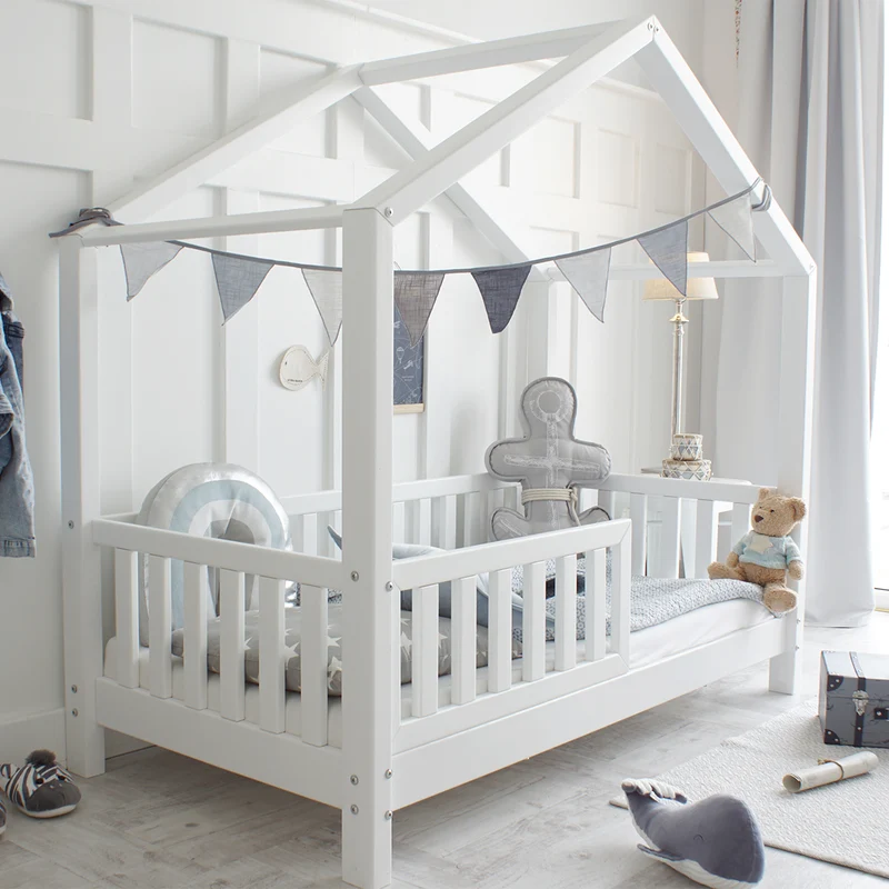 Lit cabane 80x160 barrière et sommier inclus pieds 10 cm Roxane Blanc