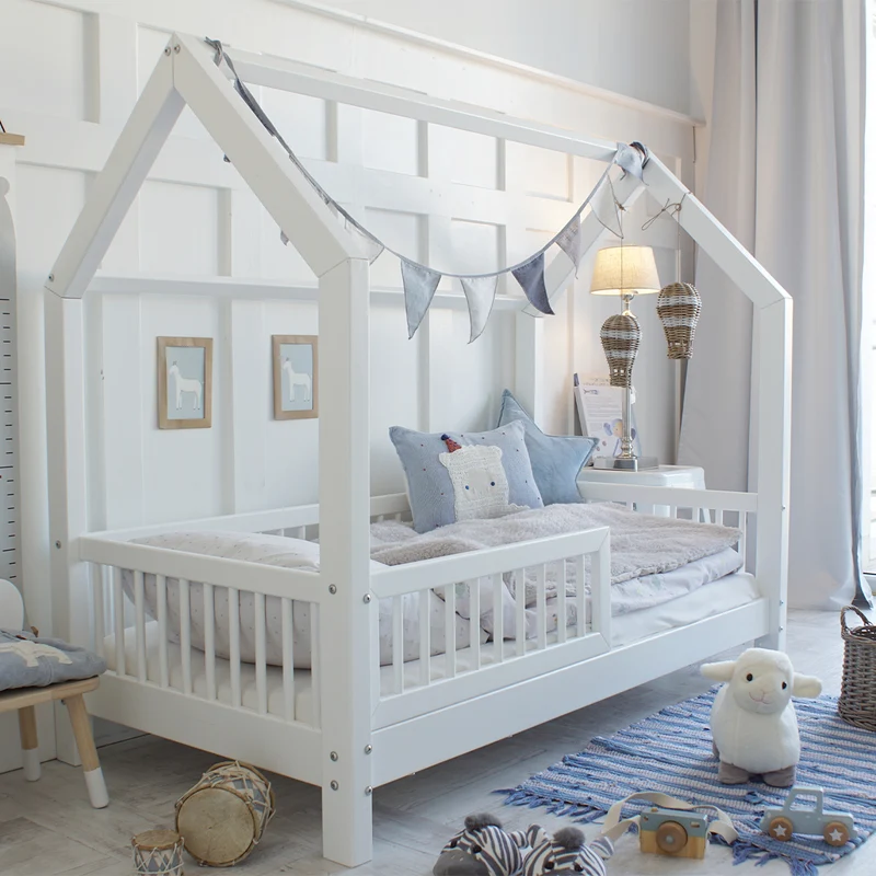 Lit cabane 80x160 barrière et sommier inclus pieds 10 cm Sofia Blanc