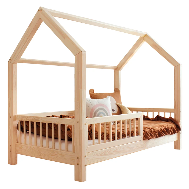Lit cabane 80x160 barrière et sommier inclus pieds 10 cm Sofia Bois