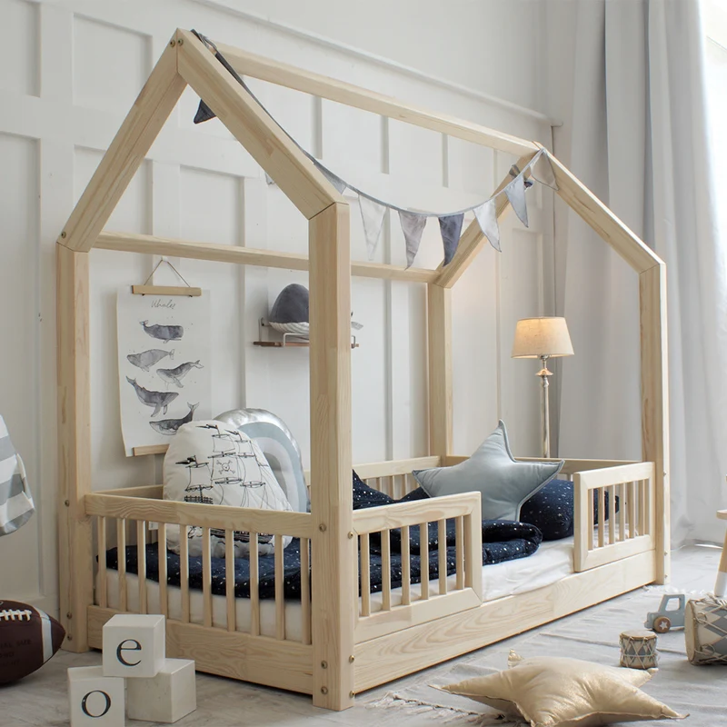 Lit cabane 80x160 barrières et sommier inclus pieds 1 cm Sofia Bois
