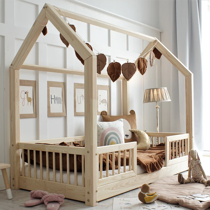 Lit cabane 80x160 barrières et sommier inclus pieds 1 cm Sofia Bois