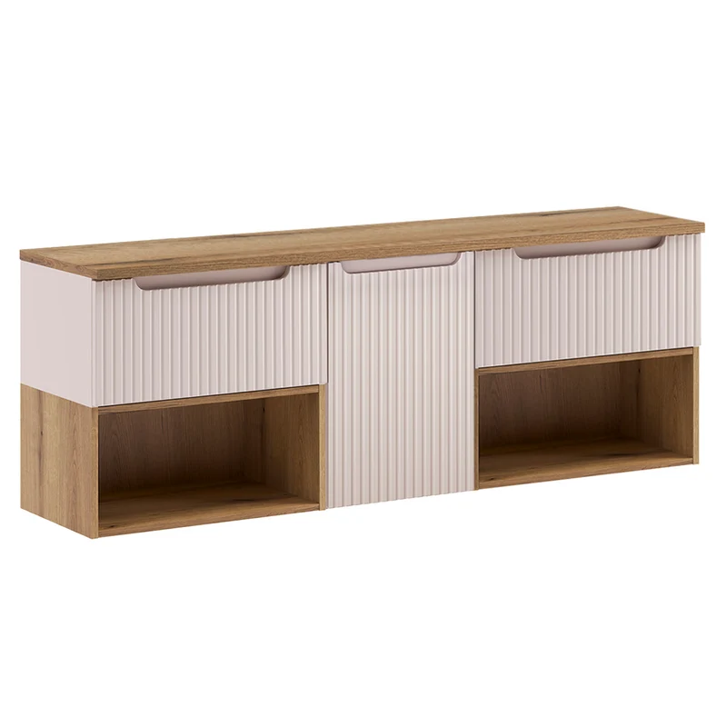 Ensemble meuble sous-vasque 160cm panier à linge niches et colonne Riva Cachemire et Bois