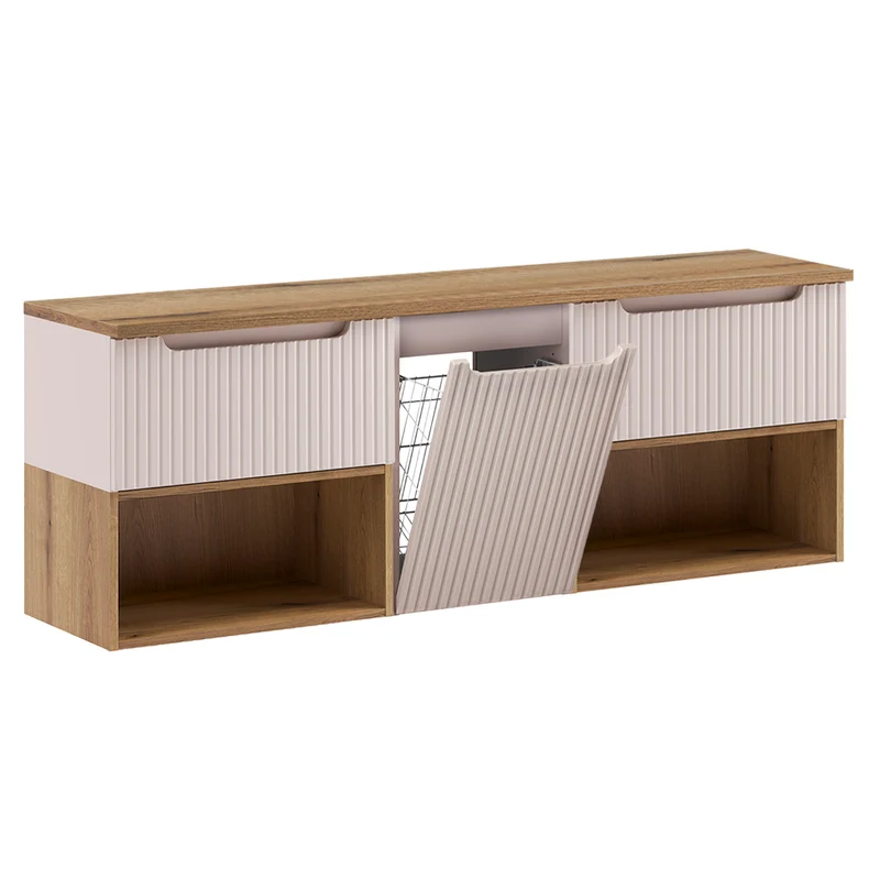 Ensemble meuble sous-vasque 160cm panier à linge niches et colonne Riva Cachemire et Bois