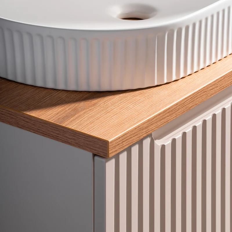 Ensemble meuble sous-vasque 160cm panier à linge niches et colonne Riva Cachemire et Bois