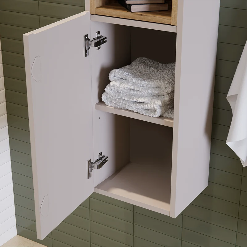 Ensemble meuble sous-vasque 160cm panier à linge niches et colonne Riva Cachemire et Bois