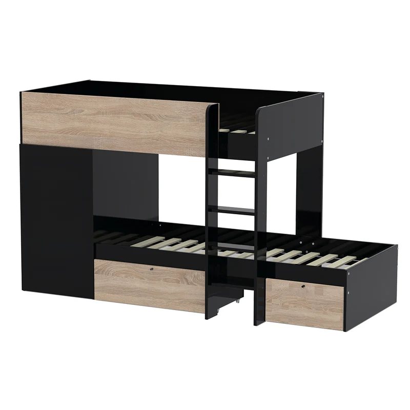 Lit superposé 90x190 - armoire - tiroirs - 2 sommiers - Weber Industries Twin Noir et bois