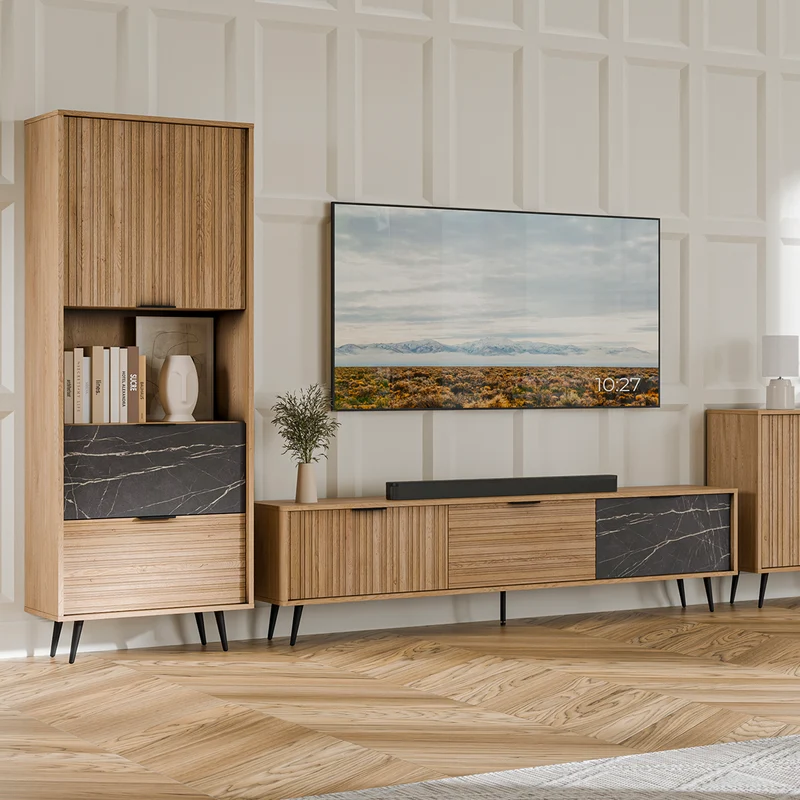 Meuble TV 3 portes 180 cm Luka Bois et Noir