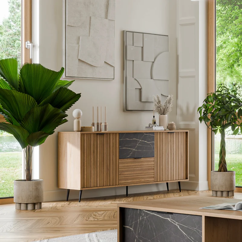 Buffet long 2 portes 2 tiroirs Luka Bois et Noir