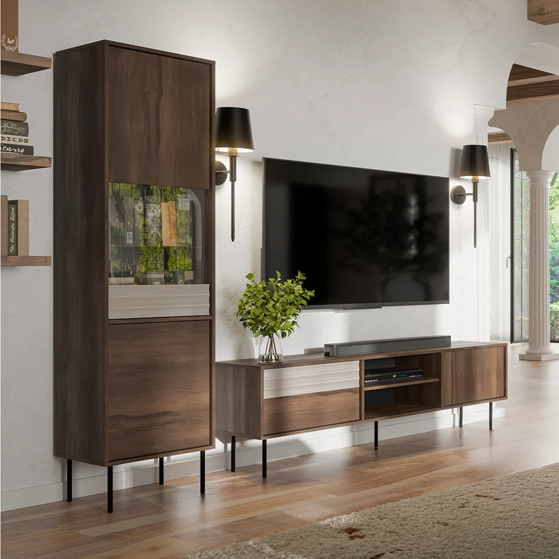 Meuble TV 2 portes 180 cm Astra Bois foncé et Cachemire