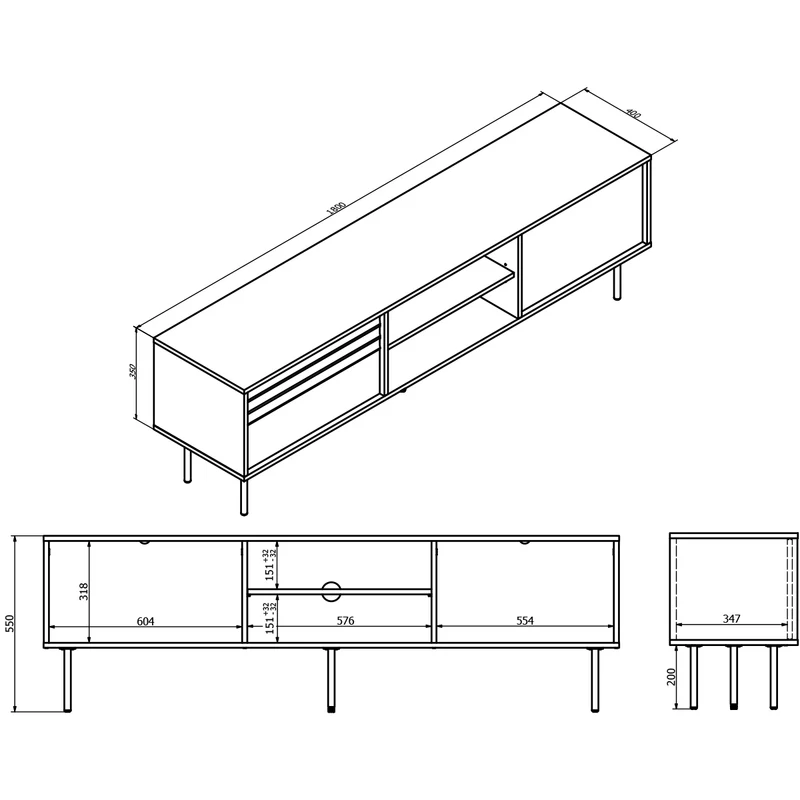 Meuble TV 2 portes 180 cm Astra Bois et Noir