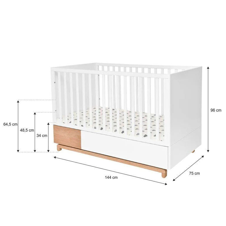 Lit évolutif 70x140 et commode 3 tiroirs Bellamy Nomi Blanc et bois