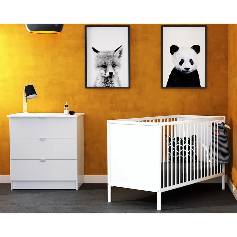 Lit bébé 60x120 et commode 3 tiroirs avec plan à langer AT4 Webaby Blanc