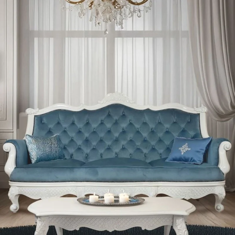 Casa Padrino Luxus Barock Samt Sofa Blau / Weiß 210 cm - Barockstil Wohnzimmer Möbel