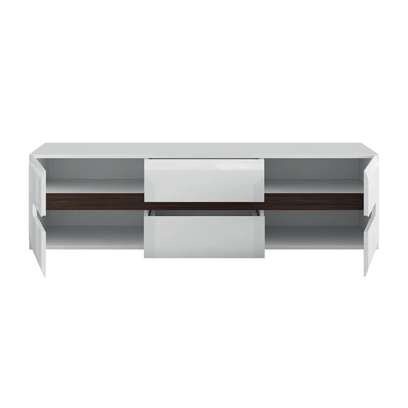 Meuble TV 2 portes 2 tiroirs 150 cm Darrel Blanc laqué et Bois