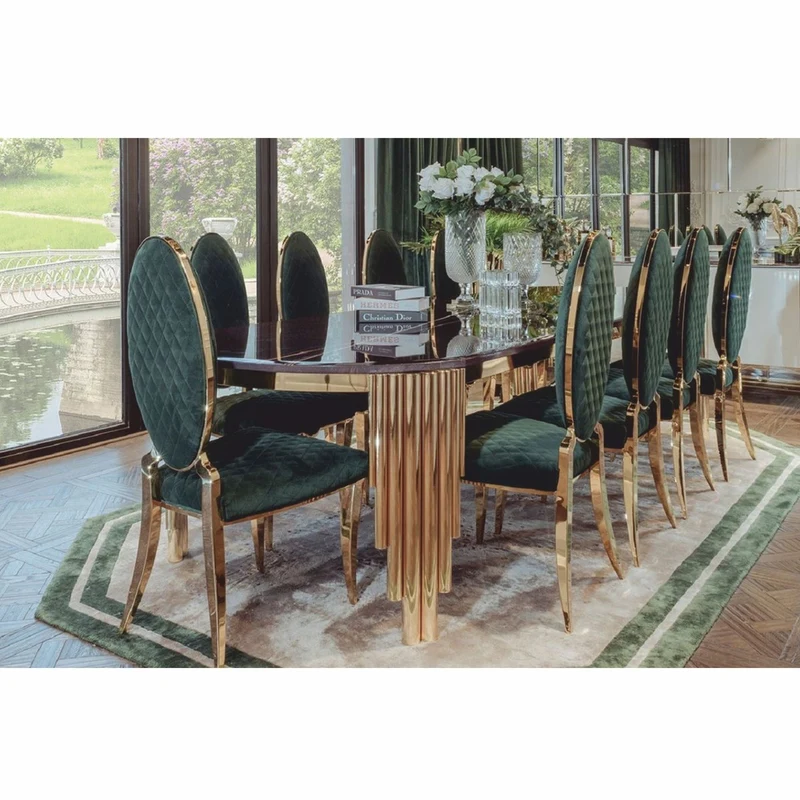 Casa Padrino Luxus Esstisch mit Kunstmarmor Tischplatte Schwarz / Gold 240 cm - Esszimmer Möbel