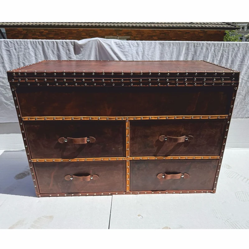 Casa Padrino Luxus Art Deco Kommode / Truhe Braun 125 cm - Leder Möbel